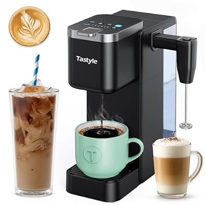 Tastyle 330MF Single Serve Coffee Maker with Built-in Detachable Milk Frother, Iced and Hot Coffee Machine for K Cup & Grounds, 40oz Removable Water Reservoir, 6 Cup Sizes, Fits 7.3" Travel Mug, Black