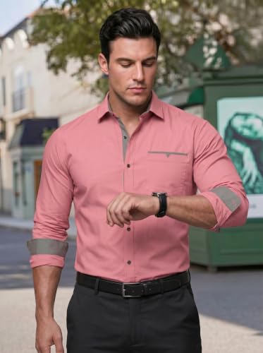 Image of Men's Cotton Blend Shirt with Solid Long Sleeves Spread Coller Neck Regular Fit Single Chest Pocket and Standard Length | Cotton Casual Shirt for Man