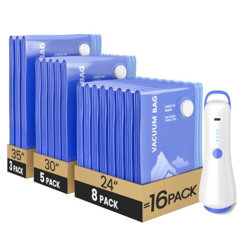 16 Pack Vacuum Storage Bags for Travel with Rechargeable Wireless Pump | Vacuum Seal Bags for Clothing Travel, Luggage Compression Save Space, 3 Combo Sizes Vacuum Packing Bags for Seasonal Storage