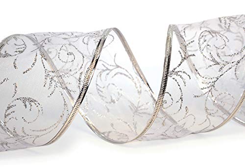 Christmas Ribbon Wired 1.5 Inch Set Of 3 Ribbon Wire Red, Gold, Silver / White Sheer Organza Glitter Gift Wrapping, Xmas Tree Ribbons Decoration, Holiday Craft, Gifts Wrap 30 Yards / 10 Yard Ea. Roll #TOP4