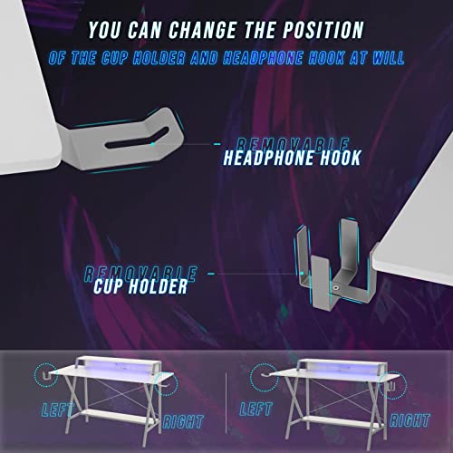 Sedeta White Gaming Desk, 55" Gaming Table With Led Lights, Computer Desk, Gaming Workstation Desk With Pc Stand Shelf, Power Strip With Usb, Cup Holder Headphone Hook, Large Home Office Gamer Desk #TOP6