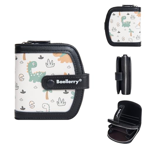 Cute Dinosaur Printed Women’s Short Wallet, Compact and Large Capacity PU Leather Wallet with Zipper, Card Slots, and Coin Pocket (Black)