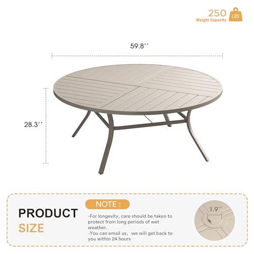 Image of VICLLAX Round Patio Table with Adjustable Umbrella Hole for 8, All Weather Metal Outdoor Dining Table for Lawn Garden, 59.8 inch Outdoor Coffee Table, Cream Color Frame