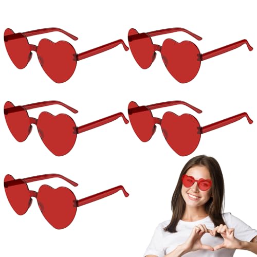 PLULON 5 Pairs Heart Sunglasses for Women, Red Heart Glasses Valentine's Day Rimless Shaped Sunglasses Candy Color Fun Glasses for Party Favor (Red)