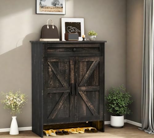 DWVO Dark Rustic Oak Shoe Cabinet - 6-Tier Rustic Oak Finish, Storage with Doors, Drawer & Adjustable Shelves with Induction Strip for Hallway, Living Room