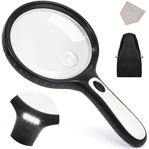 Large magnifying glass with light, 10x 20x handheld clear magnifying glass with 4 LED high brightness lights, free storage bag, cleaning cloth, suitable for the elderly to read, check, children to exp Cover