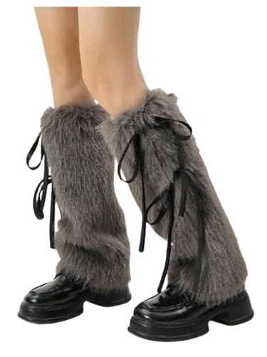 OYOANGLE Womens Faux Fur Fuzzy Bow Leg Warmers Furry Boot Covers Furry Boot Cuffs Kawaii Shoes Cover Socks for Costume Grey One-Size