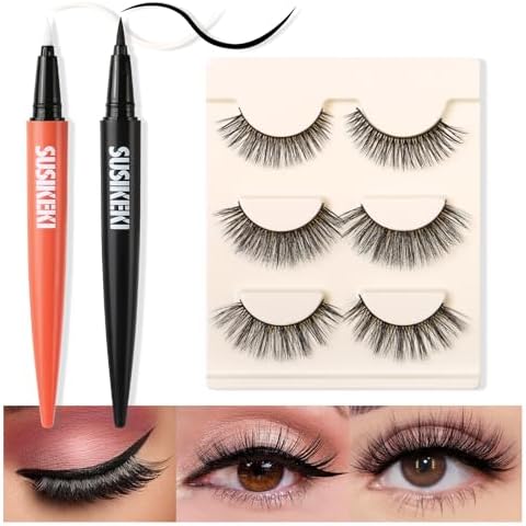 SUSIKEKI Lash Glue Liner Set 2-in-1 Black Eyelash Glue & Eyeliner+Clear Lash Glue Liner+3 Pairs 3D Natural False Eyelashes Kit Long-Lasting Waterproof Quick-Dry Strong Hold Felt Tip Pen Lash Adhesive Cover