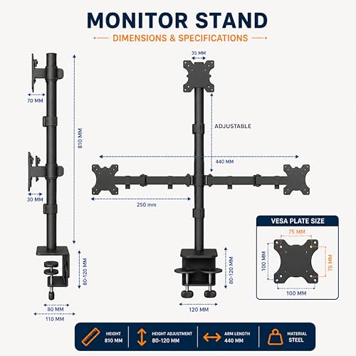 Image of BIJASANI Triple 3 Monitor Stand | 1 Top + 2 Bottom Arms | Large Dual C-Clamp | 810mm Single-Pole | 10 KG Per Arm | 10-32 inch | Tilt Swivel Rotation | 3 Year Warranty | Trading Gaming WFH