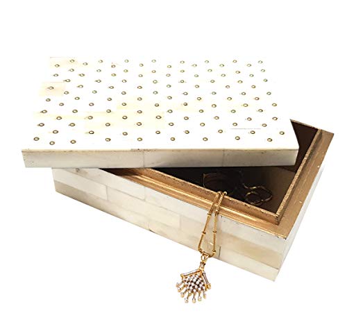Antique Designer Box Bone inlay riveted home decor boxes- handmade art , 5 inch, white