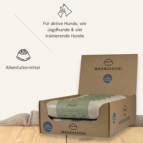 MAGNUSSONS Sport (12 x 650 G) | Geeignet für Welpen, Junghunde und Erwachsene Hunde Aller Rassen | Alleinfuttermittel | Dampfgegart | enthält frisches Fleisch vom Rind und Schwein