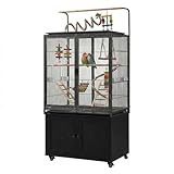 beeNbkks 65' Bird Cage with Storage Cabinet & Clear View Front Doors, Rolling Metal Parakeet House with Stand, Large Parrot Aviary for Cockatiels Conures Budgies, 0.5' Bar Spacing, Deep Grey
