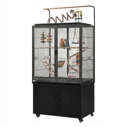 beeNbkks 65' Bird Cage with Storage Cabinet & Clear View Front Doors, Rolling Metal Parakeet House...