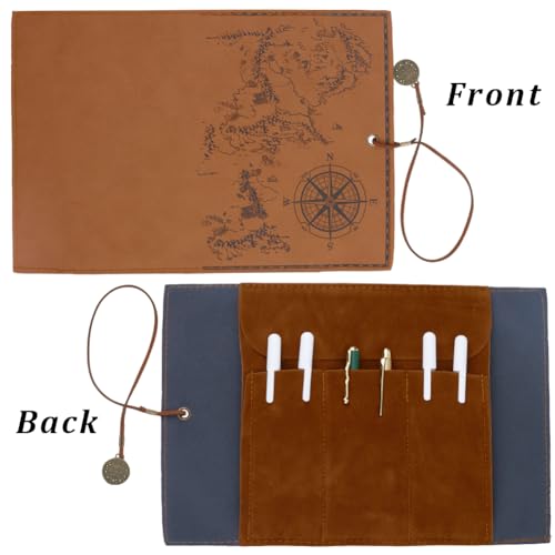 Image of GORGECRAFT PU Leather Pencil Bag Strap Vintage Treasure Map Compass Cover Rollup Storage Organizer Retro Portable Stationery Pouch Pen Bag Wrap Roll Case Holder for Artist Drawing Makeup Light Camel