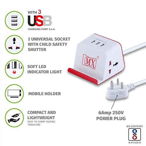 Image of MX Cube Universal Spike Guard with 2 Universal Sockets + 3 USB Charging Ports (3.4A) | Surge Protector with 1.5M Extension Cord | Compact Multi Plug Power Strip for Home, Office, Travel