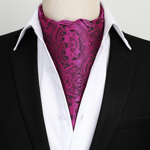 HISDERN Ascot Ties for Men Hot Pink Paisley Cravat Ties Jacquard Self Ascots Cravat Scarf Formal Wedding Party
