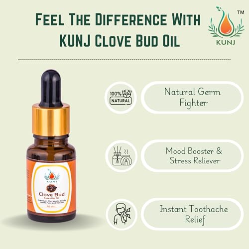 Image of KUNJ Clove Bud Oil (Syzygium aromaticum) 10ML - 100% Pure & Natural, Undiluted, Steam Distilled - Therapeutic Grade Oil for Aromatherapy, Oral Care & Skin Nourishment