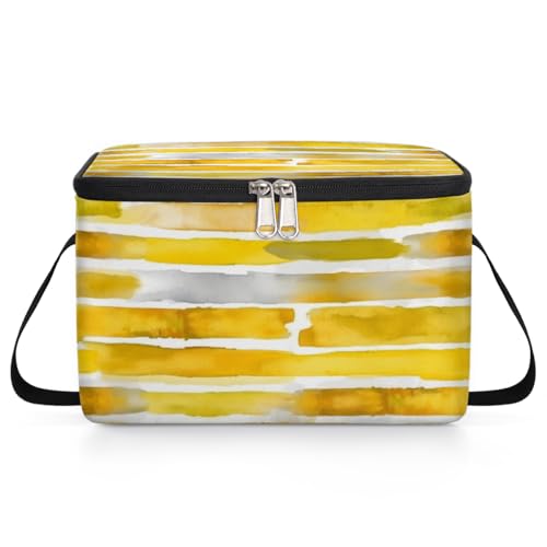 GzLeyigou Yellow Watercolor Lunch Bags for Women Men 9 Cans, Hot & Cold Food Delivery Bag Insulated Grocery Bag Insulated Lunch Box Abstract Stripes Cooler Bag for Office Work Picnic Beach