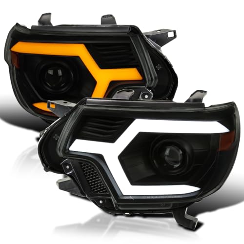 SPEC-D TUNING Black Smoke Projector Headlights w/Switchback Sequential LED Turn Signal Bar Compatible with 2012-2015 Toyota Tacoma Left + Right Pair Headlamps Assembly