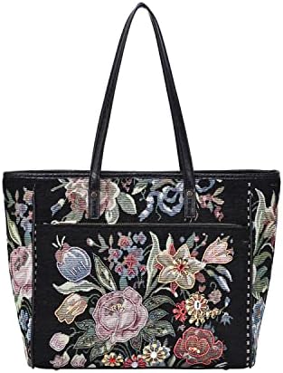 Mellow World Flower Shop Embroidered Hand Beaded Detailed Vintage Tapestry Tote Handbag For Women, Black
