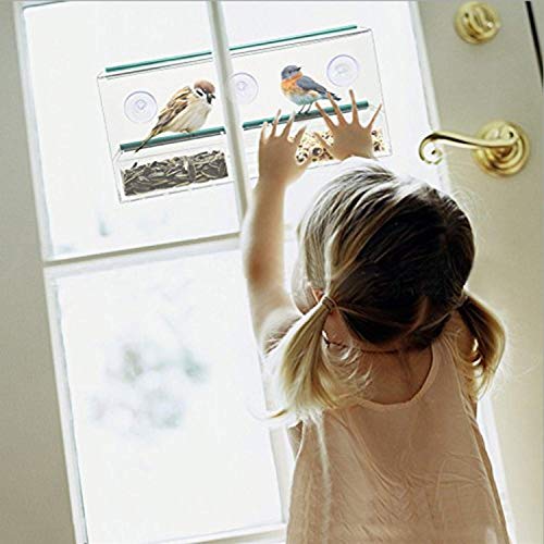Window Bird Feeder with Powerful Suction Cup and Seed Tray for Outdoor Bird Feeder for Wild Birds. Large External Hanging Bird House Kit with Drain Holes, 3 Suction Cups
