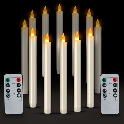 wemarry 10" Flameless Taper Candles with Remote, Electric Led Candlesticks, Plastic Tall Taper Candles Battery Operated with Flickering Flame for Halloween Christmas Wedding Home Décor(Ivory, 12 Pack)