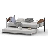 Daybed with Trundle, Metal Twin Size Day Bed with Stylish Headboard, Sofa BedFrame with Pop Up Foldable Trundle Bed, Heavy Duty Steel Slats Platform for Living Room, Bedroom and Guest Room, Brown