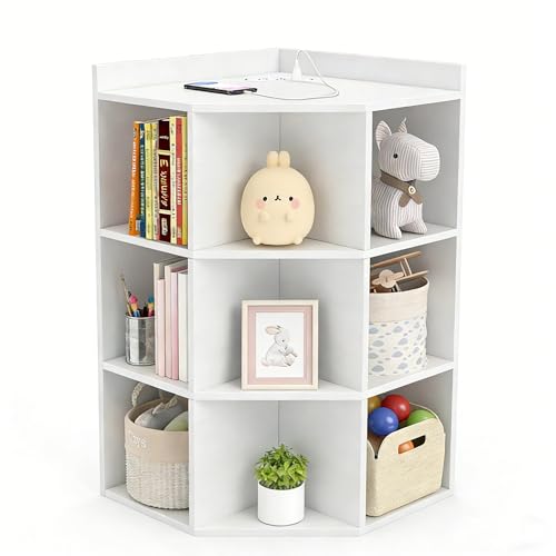 Costzon Kids Corner Cabinet with Charging Station, Wooden Cubby Bookcase
