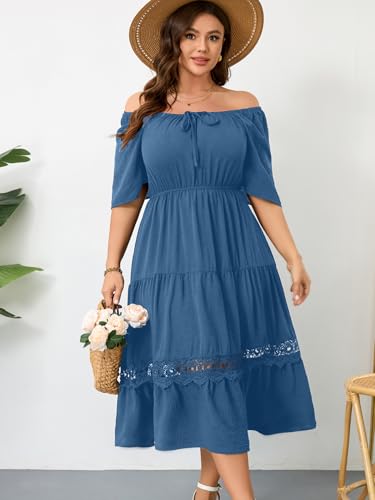 Image of RWJ Women's Plus Size Maxi Dress Short Sleeve Square Neck Flowy A-Line Lace Trim Flutter Party Casual Off Shoulder Dresses