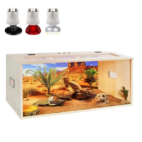 PROLEE Bearded Dragon Tank, 81 Gallons Wooden Reptile Enclosure, Tempered Glass Lizard Tank, Large Bearded Dragon Enclosure with Built-in Lamp Fixture for Lizard
