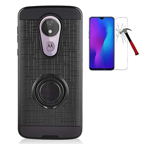 Compatible Case for Moto g7 Optimo Maxx, Phone Case for Moto G Power 7th Gen/Motorola Moto G7 Power XT1955 /Moto G7 Supra, Shockproof Finger Ring Stand Cover Case + Tempered Glass (Black)