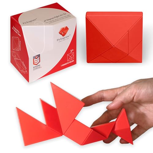 Pickagram Tangram 3D Magnetic Puzzle for Kids (8-12), Adults & Seniors | STEM Certified Fidget Puzzle - Magnetic Pattern Blocks for Cognitive Development, Creativity & Focus - Red