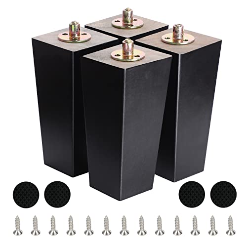 CtopoGo 8 Inch Wood Furniture Legs, Wooden Couch Sofa Leg Feet Set of 4, Mid-Century Modern Black Square Replacement Legs for Sectional Nightstand Armchair Recliner Table Dresser Sideboard