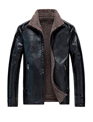 PASOK Men's Fleece Leather Jacket PU Faux Leather Motorcycle Coat Winter Thicken Outwear Black M