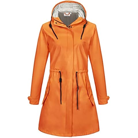 Comallan Women's PU Raincoat with Hood Waterproof Rain Jacket Parka Wind Jacket for Women with Drawstring, Orange with drawstring, M Cover