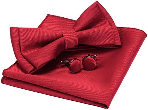Mens Red Wedding Bow tie Two Layer Pre-tied Solid Bowtie and Pocket Square Cufflink Sets (0577-01.)
