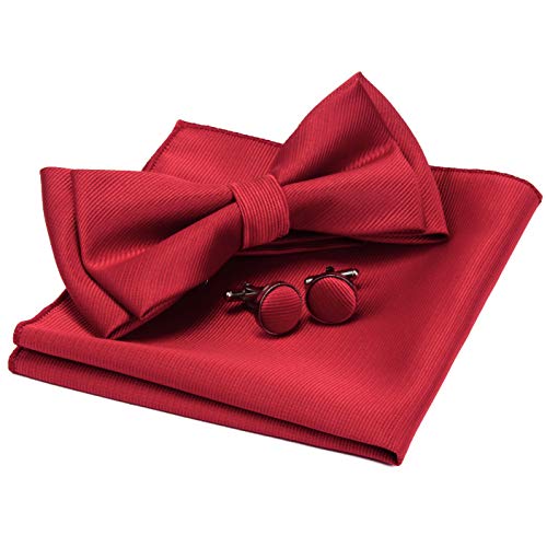 Image of GUSLESON Mens Solid Color Two Layer Pre-tied Bow Tie and Pocket Square Cufflink Set with Gift Box
