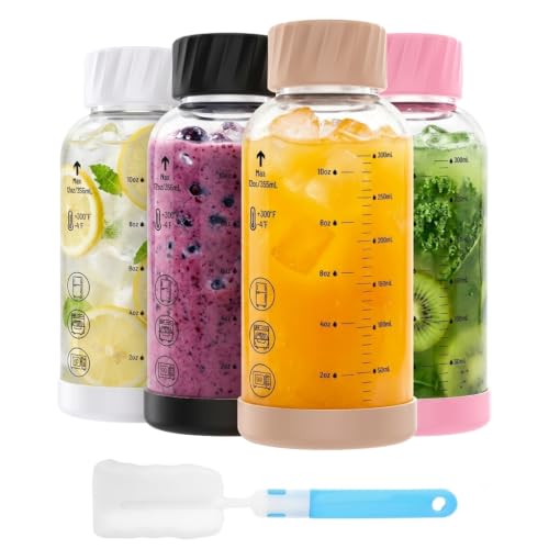 Luxfuel 12 oz Glass Juice Bottles, 4 Pack Leakproof Borosilicate Glass Bottles with Measurement Marks & Stainless Steel Lids for Juicing, Smoothies – Ideal for Office Workers & Healthy Home