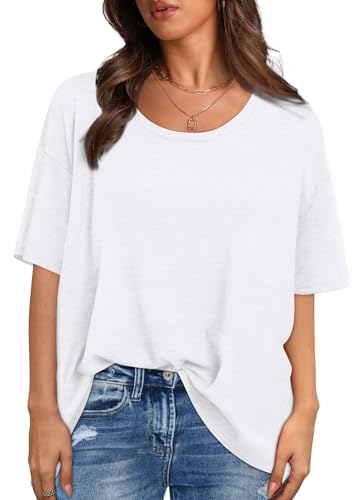 Aokosor Women Tops Summer T Shirts for Women UK Oversized Tshirts Short Sleeve Tee Shirts Scoop Neck Ladies Tops Size 22-24 White