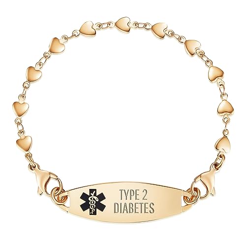 LinnaLove Heart Medical alert bracelet for Women Fashion Medical ID bracelets with Free engraving（Interchangeable-Gold-TYPE 2 DIABETES ）