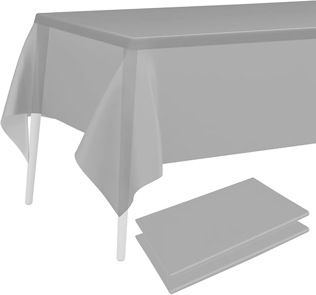 PLULON 2Pcs Grey Tablecloth Plastic Table Cover 137 x 274cm Rectangle Table Cover for Baby Shower Party Supplies Wedding Birthday Party Home Table Decorations