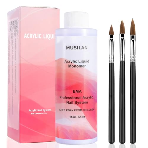 MUSILAN Monomer Acrylic Nail Liquid 150ML - Acrylic Liquid Monomer for Acrylic Powder Acrylic Nail Liquid Monomer with 3PCS Acrylic Brushes Size（8/10/14）For Acrylic Nails Extension Non-Yellowing