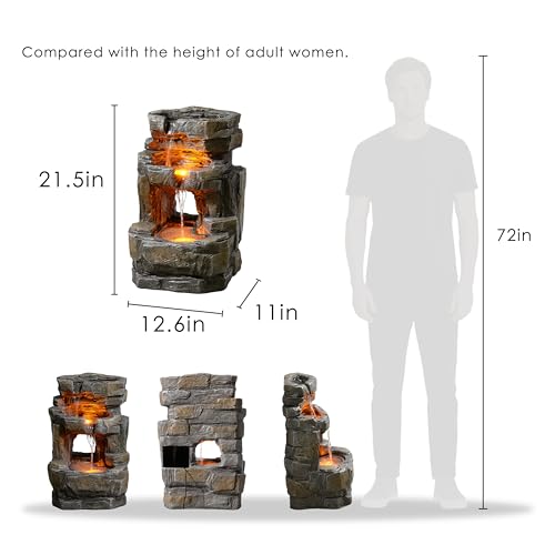 Kalona Outdoor Waterfall Fountain with LED Lights - 3-Tier Resin Rock Water Feature for Garden Patio Backyard, 21.5" Tall Fountain Decor 24392 by Kalona - Image 3