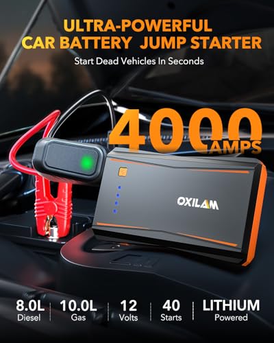 OXILAM Jump Starter, 4000A Peak Car Battery Jumper Starter Portable, Up to 10L Gas and 8L Diesel Engines, 12V Jumper Cables with Battery Pack, Power Bank, 600 LM LED Flashlight, Orange