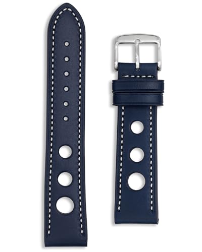Premium Leather Rally Watch Strap | Perforated Vintage Racing Band | 18 mm Navy Blue | White Stitch Full-Grain Rallye Watchstrap | Men Ladies | Tool and Spring Bars Included (18mm, Navy Blue)