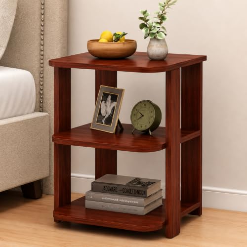 Image of FireBees 3-Tier Wooden Bedside Table | Compact Side Table for Living Room | Sofa Side Table | Nightstand for Bedroom | End Table with Storage Shelves | Corner Beside Table 41x31x51 cm,