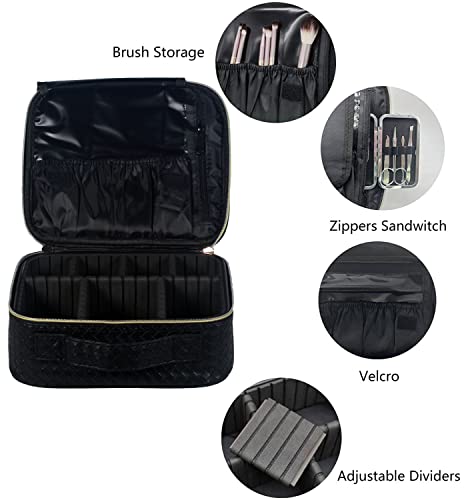 Chicreen Makeup Bag Cosmetic Bag Travel Makeup Bag With Adjustable Dividers Soft Handle, Portable Pu Leather Waterproof Toiletry Bag Artist Storage Bag, Black #TOP2