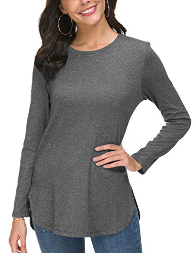 Image of Herou Women's Casual Long /Short Sleeve T Shirt Crewneck with Side Split Fall Pullover Loose Tunic Sweater Tops
