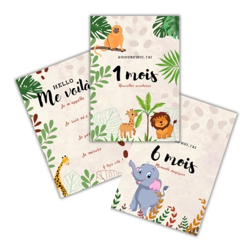 Cartes étapes bébé animaux de la jungle : 14 cartes mois par mois pour album photo de naissance