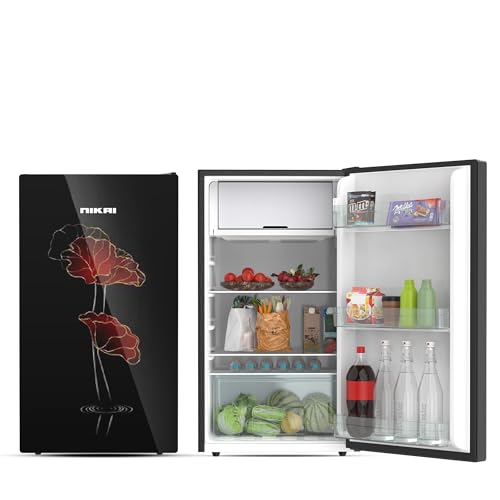 Nikai 140L Gross / 90L Net, Single Door Refrigerator with Glass Finish, 2L Bottle Holder, Glass Shelves, Separate Chiller Compartment, Mini Fridge for Kitchen, Bedroom, Office & Bar - NRF140G (Black)